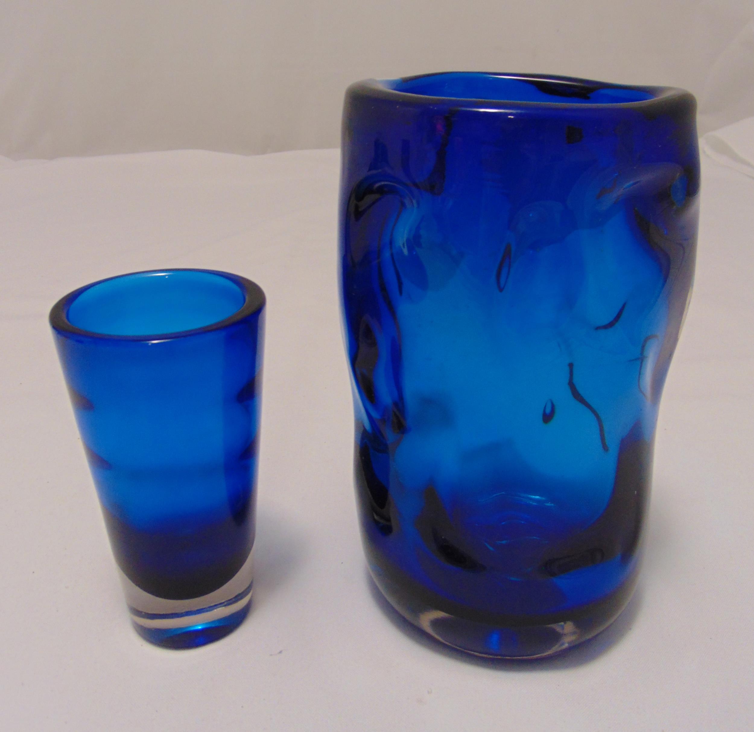 Whitefriars blue knobbly glass vase and another blue glass vase, tallest 22cm (h)
