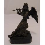 An early 20th century bronze figurine of an angel playing a flute mounted on a rectangular black