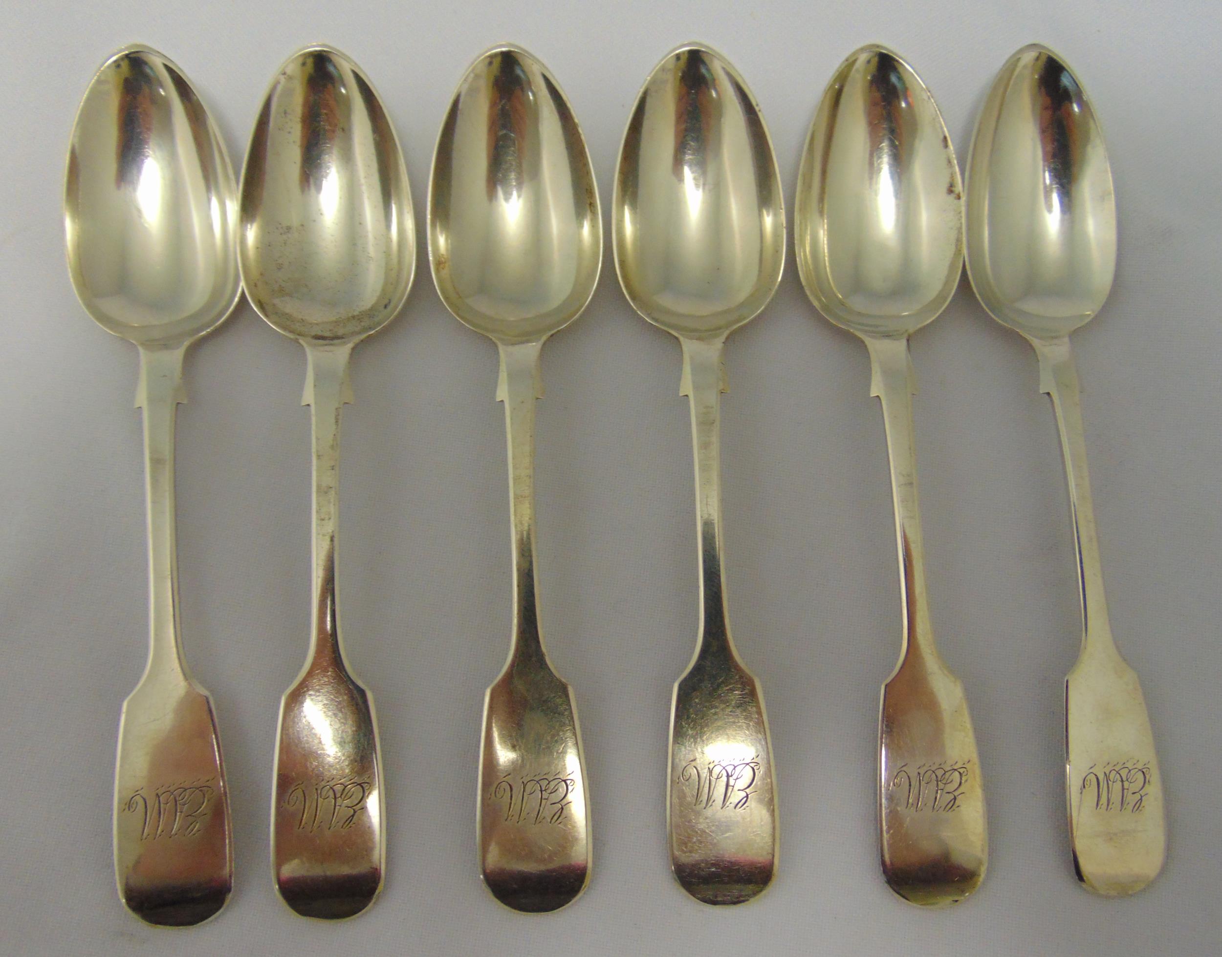 A set of six Victorian hallmarked silver fiddle pattern teaspoons. Newcastle 1871, approx total