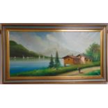 A framed oil on canvas of a Swiss lake and mountain scene with a cottage and road in the foreground,