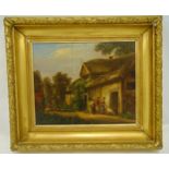 A framed late 19th century oil on panel of figures by a farmhouse A/F, 39.5 x 49cm