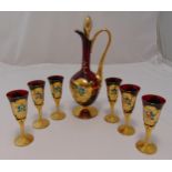 Venetian glass decanter and six matching glasses decorated with floral sprays