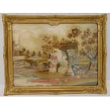 An early 19th century framed and glazed wool work panel of figures in a landscape, frame 38 x 49.