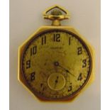 Waltham 14ct gold octagonal pocket watch with Arabic numerals and subsidiary second dial, A/F