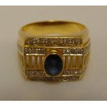 18ct yellow gold, diamond and sapphire gentlemans ring, approx total weight 10.7g