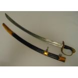 An early 19th century military officer dress sword in brass and leather scabbard with engraved