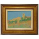 Raymond Rogers framed oil on canvas titled Church at Bugarach, signed bottom left, 22 x 30cm