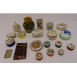 A quantity of pill and patch boxes, a tortoiseshell card case, three miniature vases and a