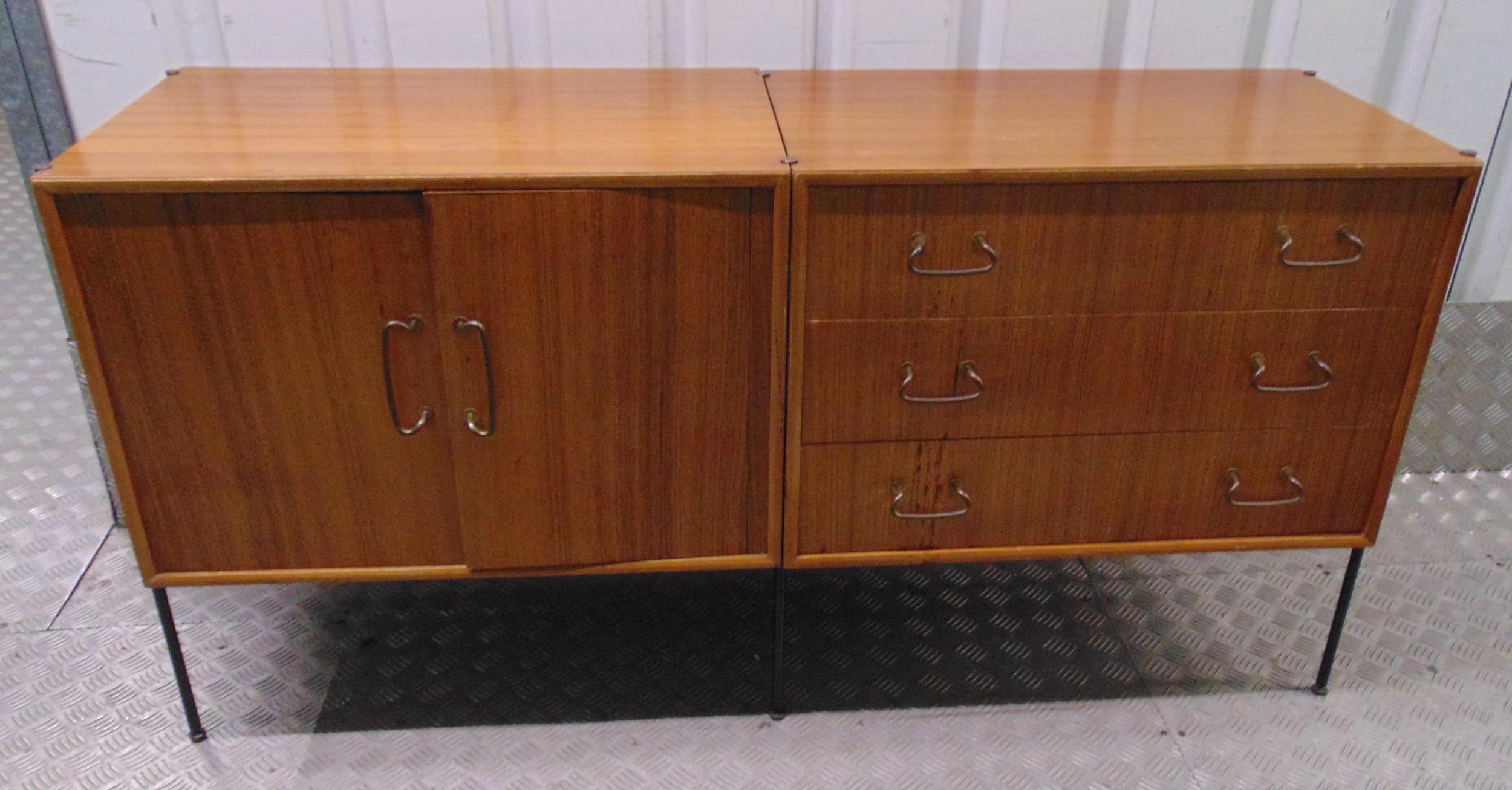 A 1960s rectangular sideboard with three drawers and one cupboard on tubular metal legs, 70.5 x