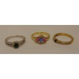 Three 18ct gold rings set with various stones, approx total weight 12.9g