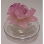 A Daum circular glass bowl with Pate de Verre floral cover in the form of pink flowers, 11cm (h)