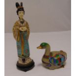 A Cloisonne‚ figurine of an oriental lady on hardwood base, 32cm (h) and a Cloisonne‚ box in the