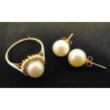 14ct yellow gold and pearl ring and matching earrings, approx total weight 13.4g