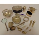 A quantity of hallmarked silver to include a dish, condiments and flatware, approx total weight 260g