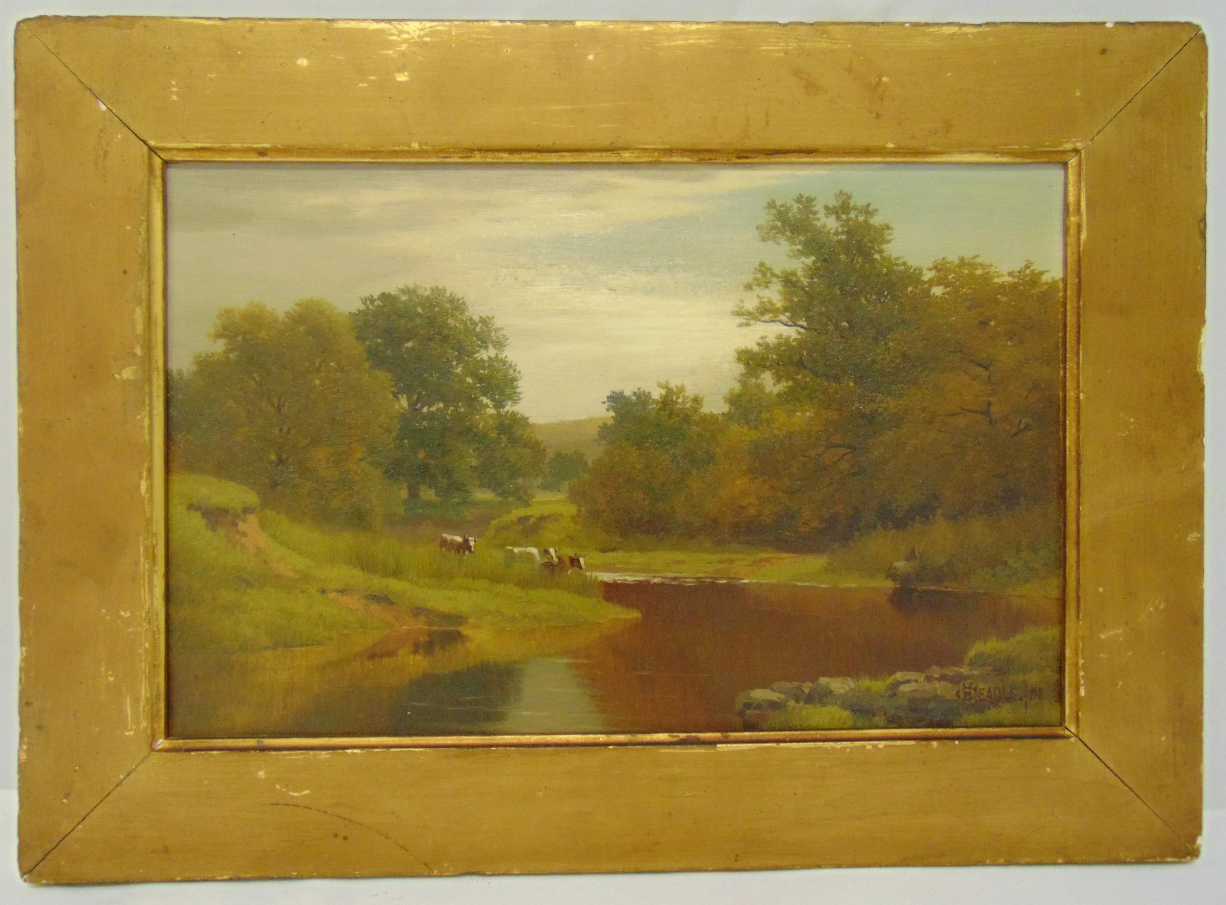 Henry Cheadle framed oil on canvas of a landscape with cows by a river, signed bottom right, 23 x