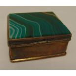 White metal and malachite rectangular snuff box with hinged cover