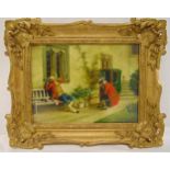 W Hopkins framed oil on panel of figures in a courtyard with a sedan chair, signed bottom left, 28.5