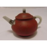 A Chinese yixing teapot with celadon jade spout, handle and finial, character marks to the base,