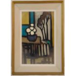 Markey Robinson framed oil on canvas of a table and chairs, signed bottom left, gallery label to