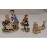 A 19th century continental figural group of lovers in 18th century costume on raised oval base, a