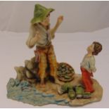 Capodimonte figural group of a fisherman telling a tall tale to his son, all on naturalistic