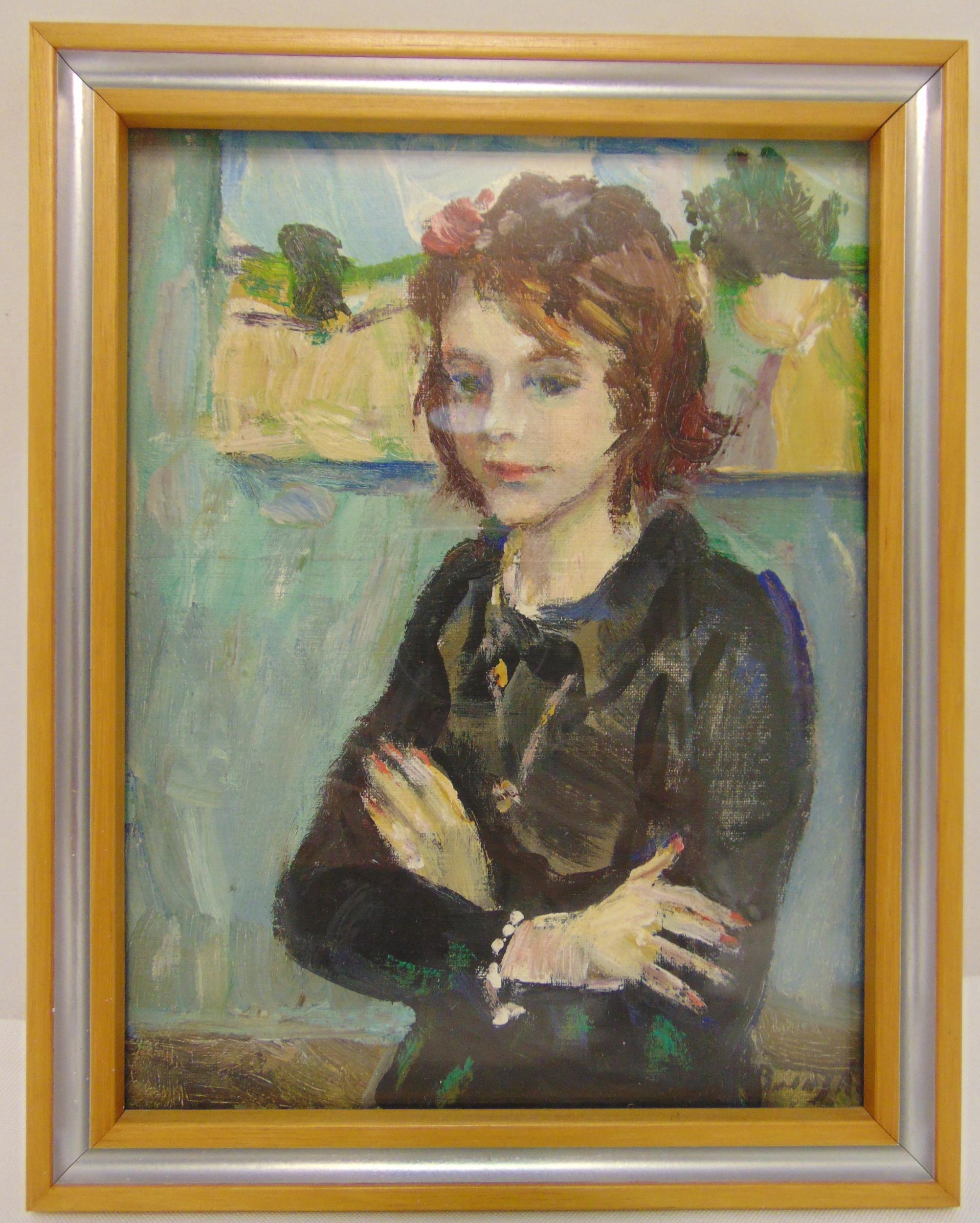 A framed and glazed oil on panel of a young lady, signed bottom right, details to verso, 20 x 15cm