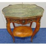 A French Kingswood side table, shaped oval with gilded metal mounts, a single drawer on cabriole