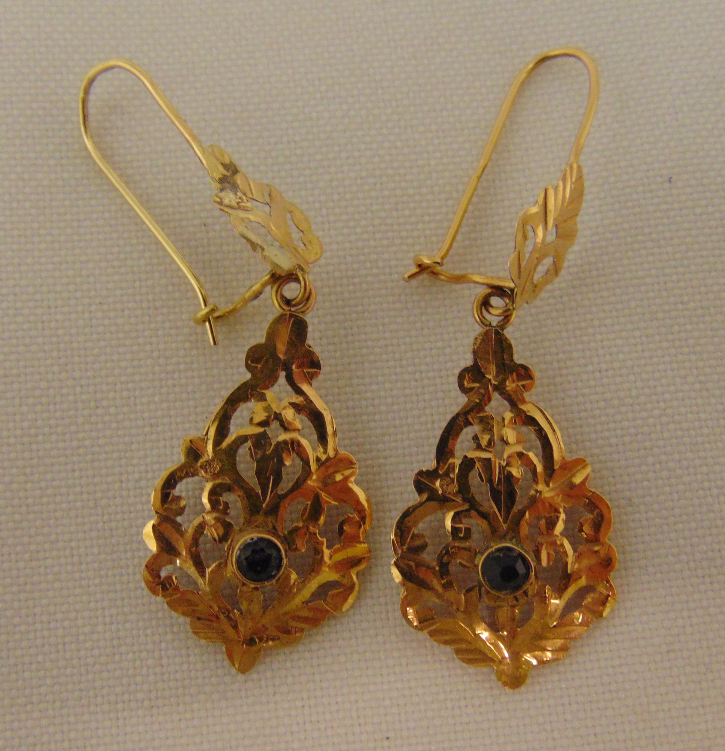 A pair of yellow gold and sapphire earrings tested 14ct, approx total weight 3.0g