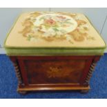 A mahogany and walnut inlaid rectangular music box with upholstered hinged cover and barley twist