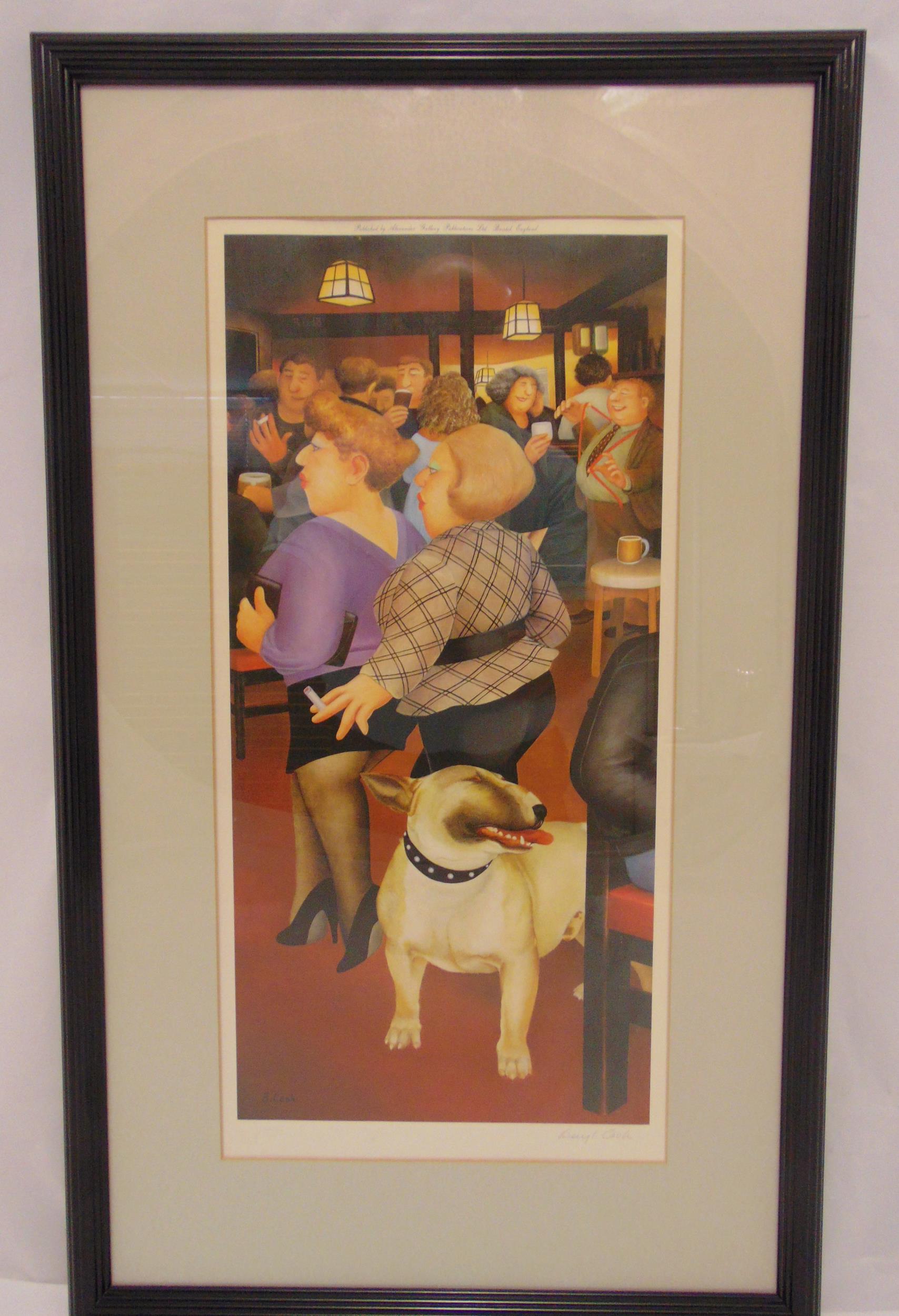 Beryl Cook framed and glazed polychromatic print titled Dog in the Dolphin, signed bottom right,