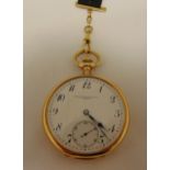 Patek Phillipe 14ct yellow gold open face pocket watch with white enamel dial, Arabic numerals and