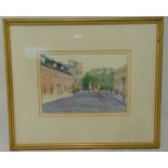 Irene Lesley Main framed and glazed watercolour titled The Gates at Windsor, label to verso,