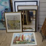 N Alexander, acrylic on board, French fishing port, and various other prints and pictures (7)