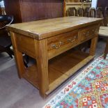 A modern polished pine rectangular kitchen work unit, 2 frieze drawers, and pot board below, W132cm,