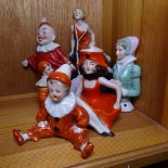 Art Deco porcelain flower arranger figure, 13cm, Continental porcelain clowns, and pot and cover,