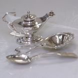 Various silver and plate, including stylised silver tea strainer, Scottish Fiddle pattern