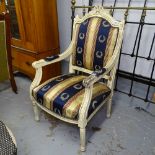 A cream painted and upholstered Continental open armchair