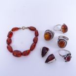 Various Danish amber jewellery, including silver rings, ear clips and necklace, 43.1g total (6)
