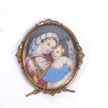 A 19th century miniature watercolour on ivory panel, Madonna and Child, in gilt-metal strut frame,