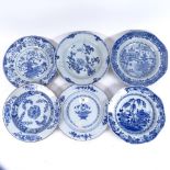 A group of Chinese blue and white plates, including 18th and 19th century examples, all A/F, largest