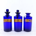 A set of 3 19th century Bristol blue Apothecary's bottles, with original drugs labels, 2 with