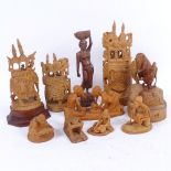 3 carved wood caparisoned elephants with mahouts, tallest 17.5cm, Eastern carved wood figures etc