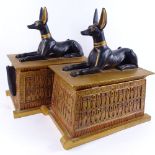 A pair of modern Egyptian Revival painted resin tomb caskets, height 38cm, length 36cm