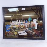 A wall mirror illustrating various Chemist's items, including a pill roller and drugs bottles,