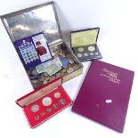 Various world coins, including Republic of Liberia set, and 1995 Australian stamp album