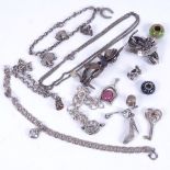 Various silver charm bracelets and silver charms
