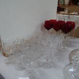 A set of 6 ruby glass goblets, 18cm, a set of 5 cut-crystal wine goblets, and other drinking glasses