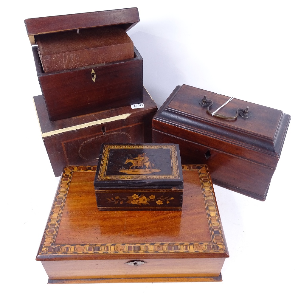 An inlaid writing slope, 7.5cm, an inlaid box, tea caddies etc