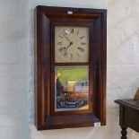 An American walnut-cased kitchen wall clock, with glass panel, W39cm, L65cm
