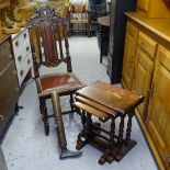 An oak nest of 3 occasional tables, a Carolean style carved oak hall chair, and a boot last